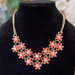 Vintage Coral and Gold Flower Statement Necklace w/faux Gem Centers